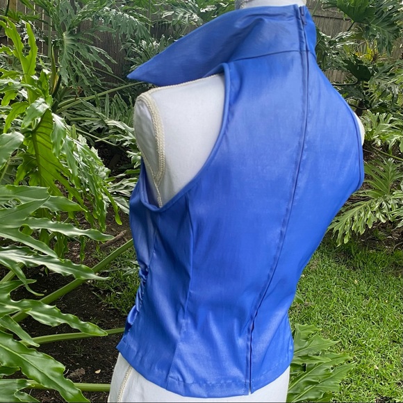 TADASHI shimmering blue plunging neck line roughed front collared cropped top - Picture 10 of 16